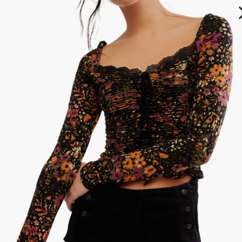Free People Fitted Ruched 3/4 Sleeve Blouse in Orange and Brown